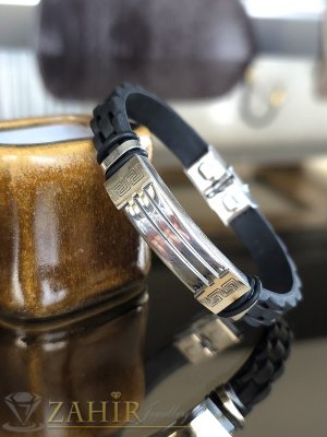 Супер яка гривна от триизмерен силикон и стомана в 3 размера, широка 1 см с гравирана плочка в сребристо с позлатени елементи  5 см, не променя цвета си - GS1454